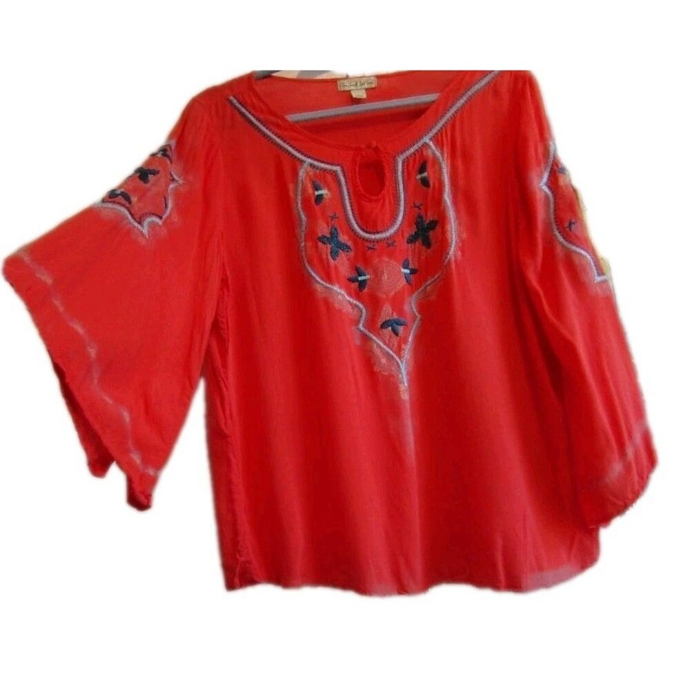 Live And Let Live Embroidered Boho Peasant Blouse Orange Red Size L - Picture 9 of 16